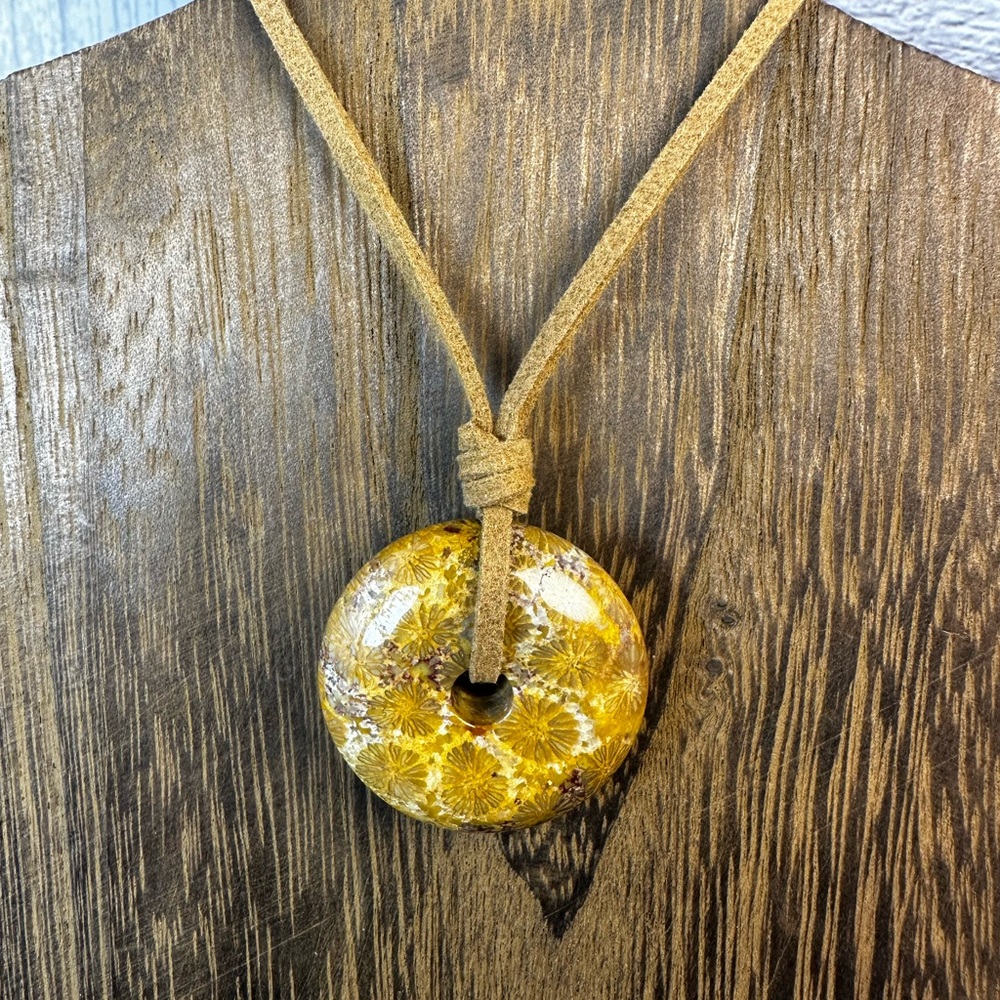 Yellow Coral Fossil Donut Pendant on Brown Faux Suede - Picture 4 of 11